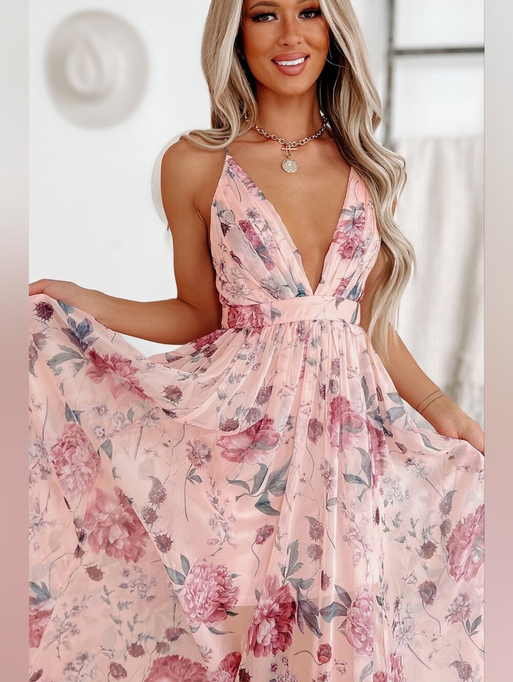 Blushing Peony Pink Floral Sleeveless Maxi Dress With V-Neck - Picture 4 of 11